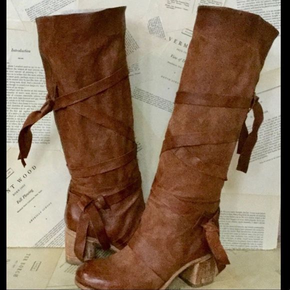 Free People Shoes - AS 98  Leather Wrap Tie Pull On Tall Heel Boots 39